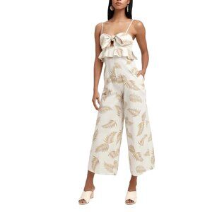BILLABONG SINCERELY JULES Twist Flirt Jumpsuit L Wide Leg Tan White Linen Cotton